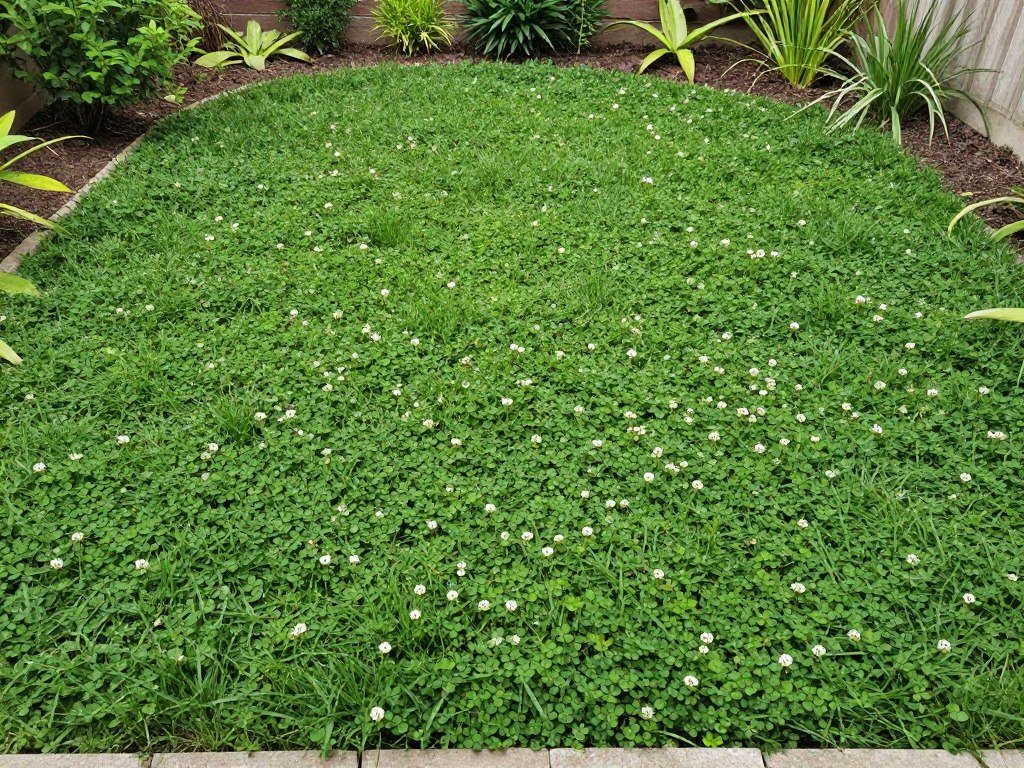 small backyard with clover ground cover instead of traditional grass