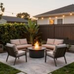 small backyard with cozy patio, fire pit, and string lights creating inviting outdoor space