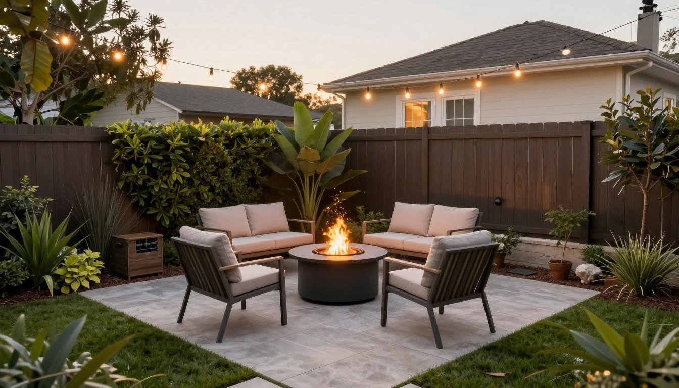 small backyard with cozy patio, fire pit, and string lights creating inviting outdoor space
