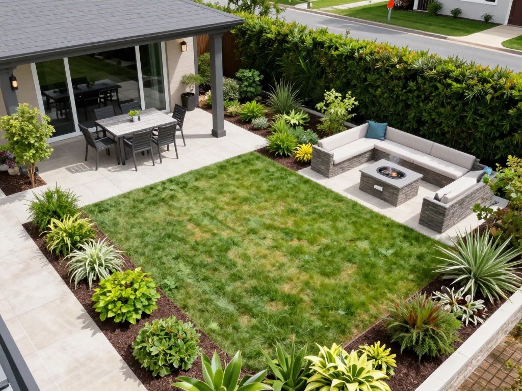 small backyard with defined zones including patio dining area and garden space