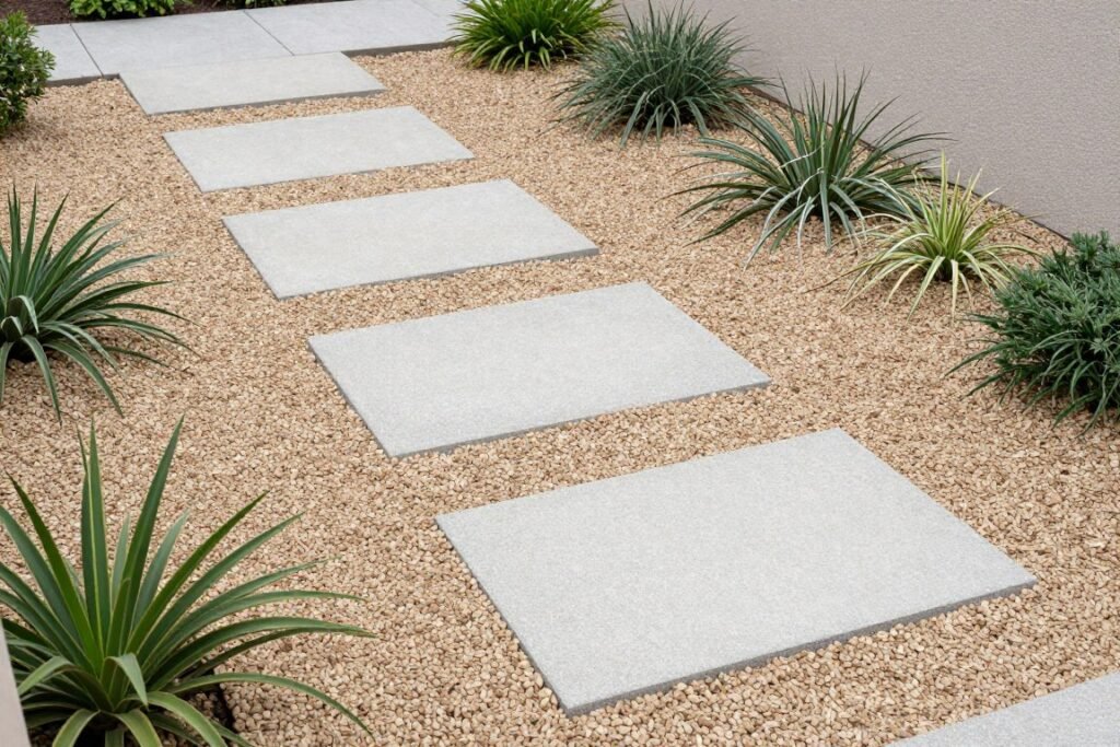 small backyard with gravel ground cover and stepping stone path