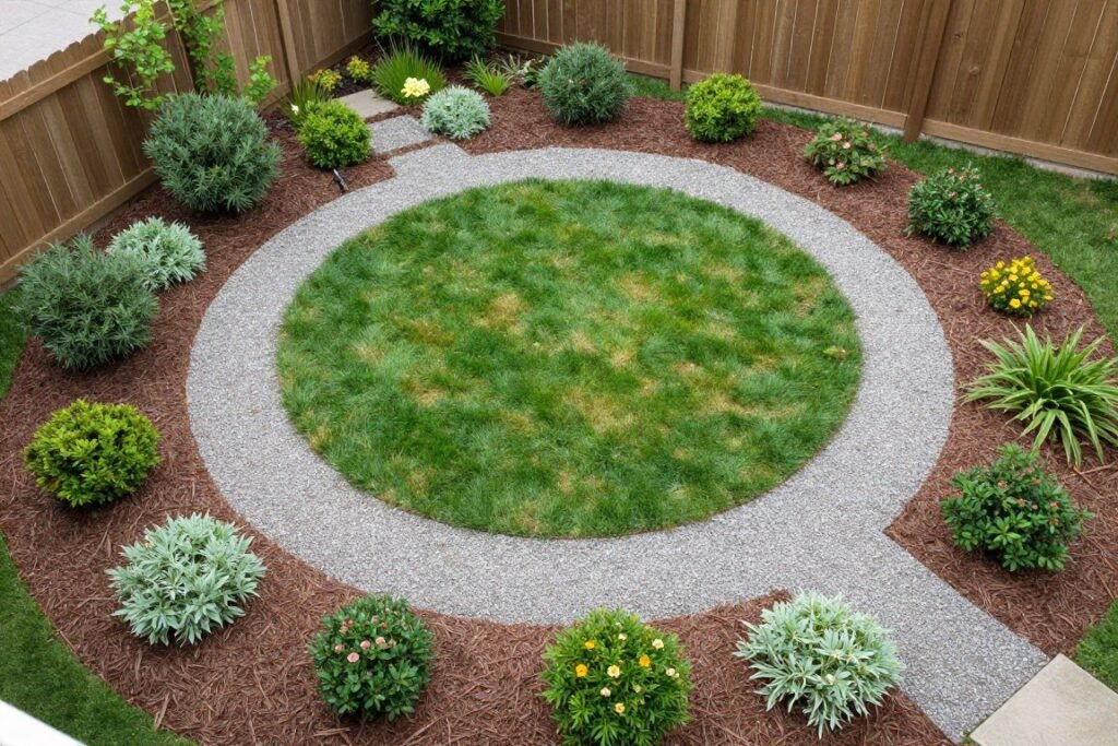 small backyard with minimal lawn surrounded by wide mulched garden beds