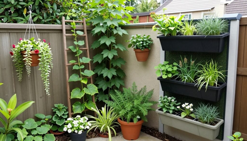 small backyard with multiple vertical gardening elements including hanging baskets and climbing plants