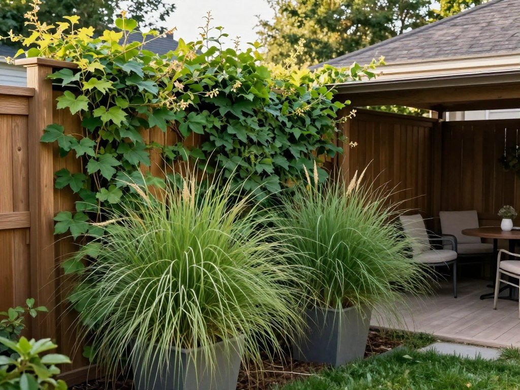 small backyard with privacy fence and climbing plants screening neighbors