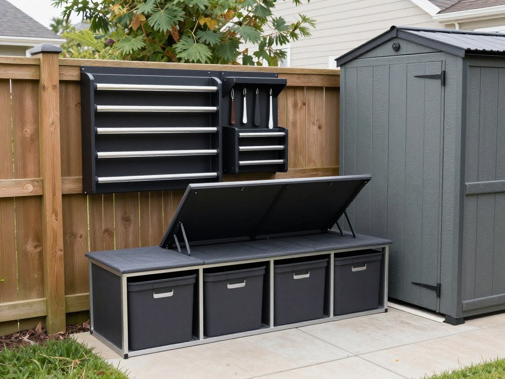 small backyard with various integrated storage solutions visible