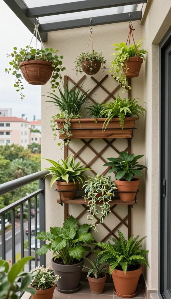 small balcony or patio with wall-mounted planters and hanging baskets maximizing vertical space