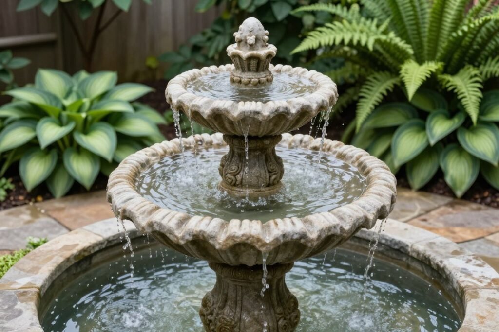 small decorative water fountain feature in corner of backyard garden