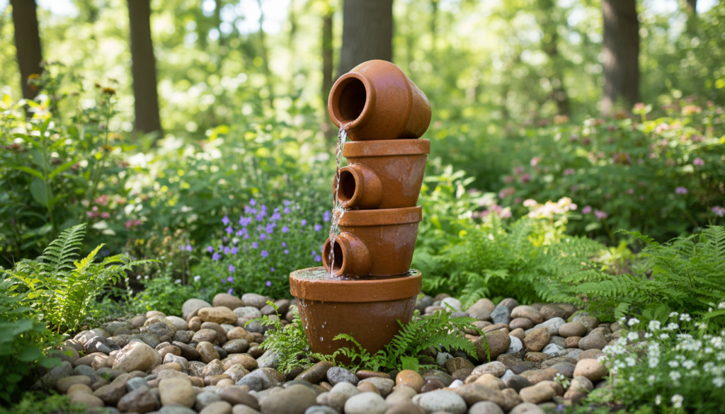 small diy fountain made from stacked pots with water flowing