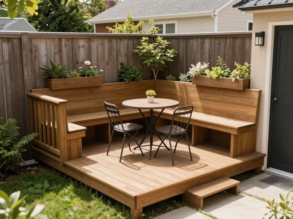 small elevated deck in compact backyard with built-in seating