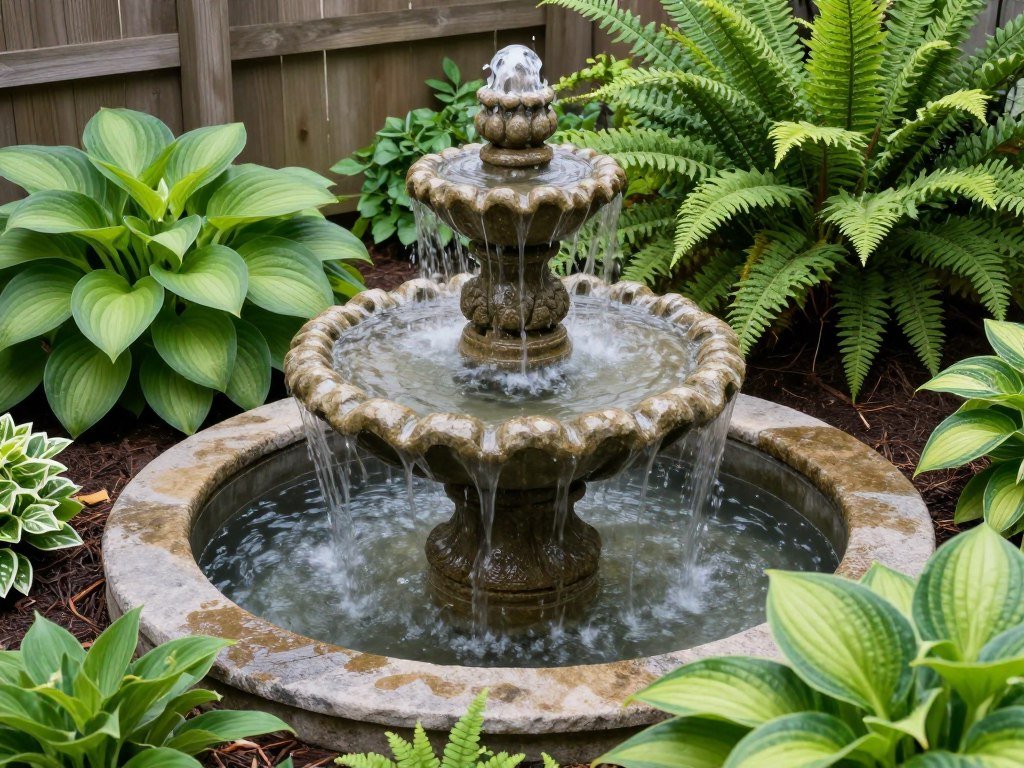 small fountain in corner of compact backyard with surrounding plants