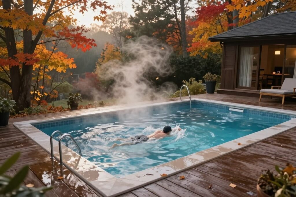 small heated pool with steam rising in cooler weather surrounded by fall foliage