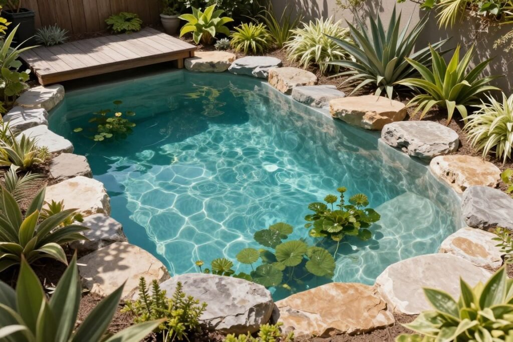 small natural swimming pool with plant regeneration zone and stone edging