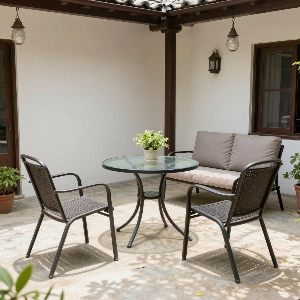 small patio with appropriately scaled furniture and open design