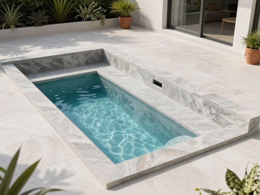 small plunge pool with stone deck and built-in seating in minimalist backyard