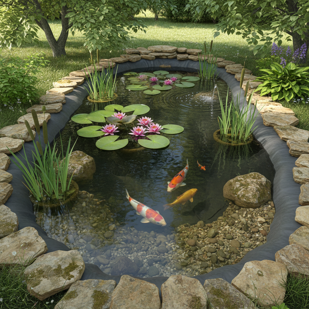 small pond with flexible liner and aquatic plants