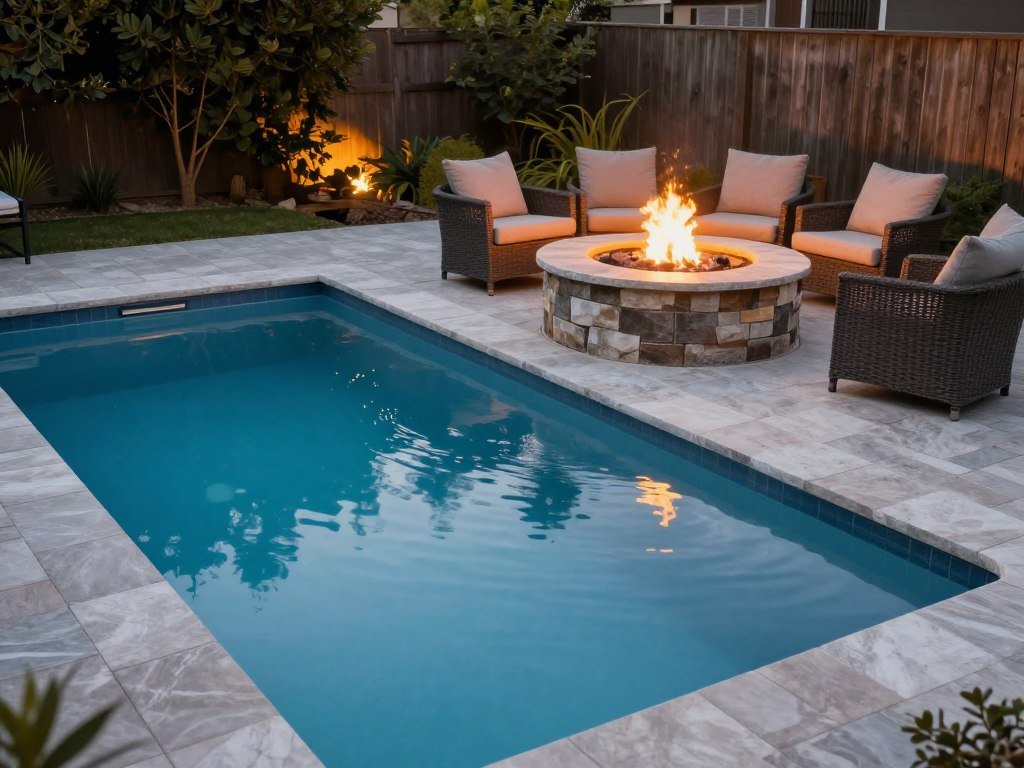 small pool with adjacent fire pit seating area and modern outdoor furniture