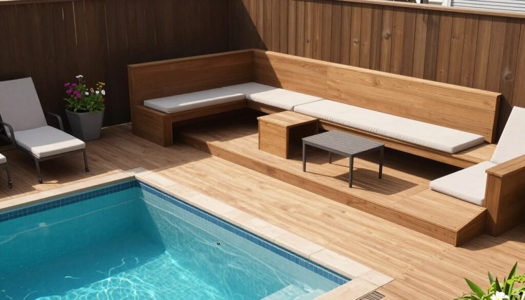 small pool with multi-level deck and integrated seating areas