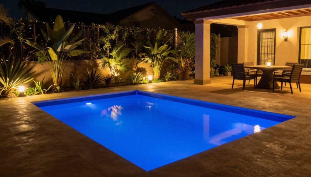 small pool with underwater LED lighting and surrounding landscape lights at night
