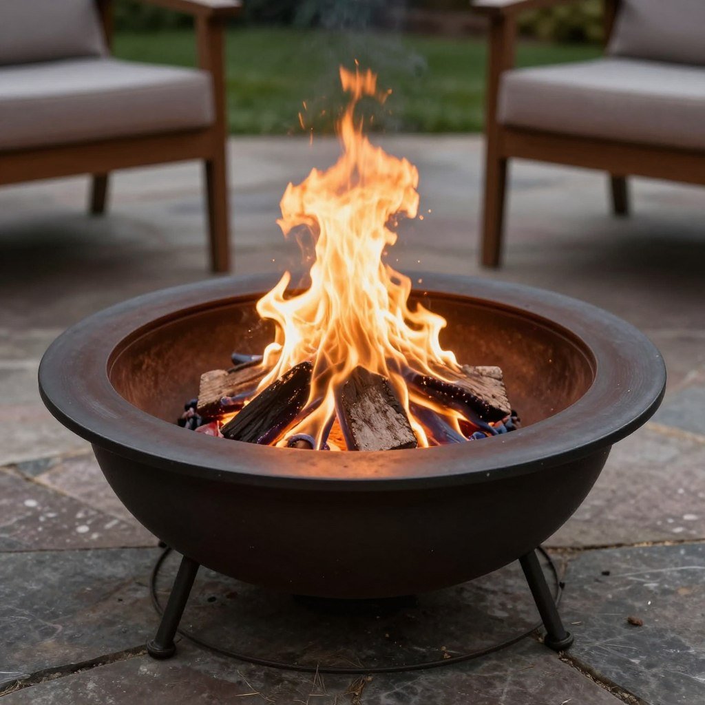 small round metal fire pit bowl on patio