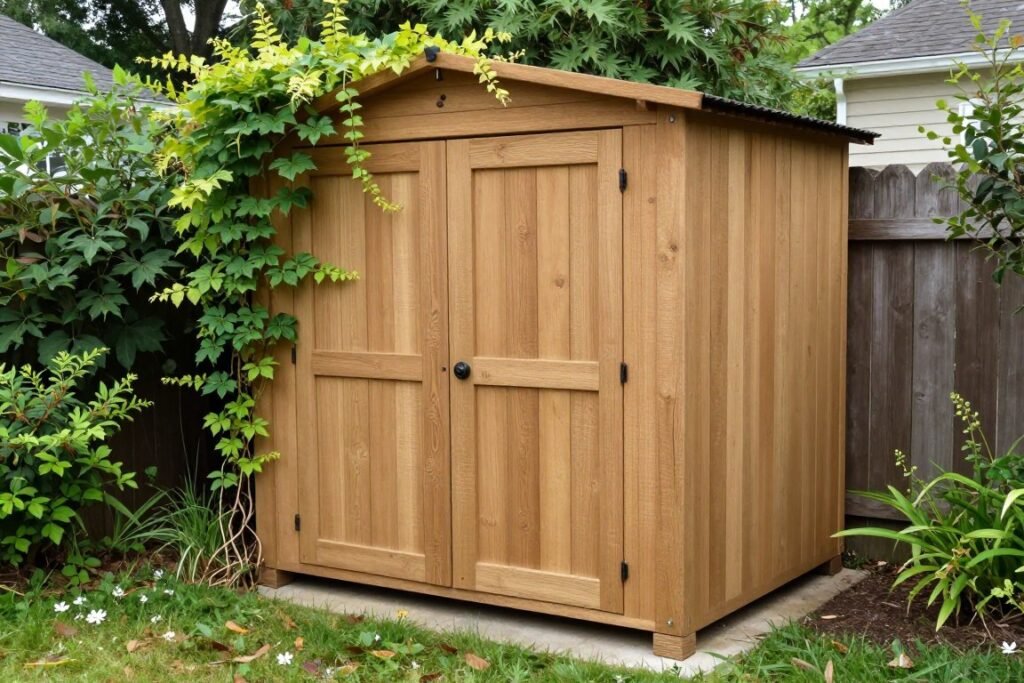small storage shed tucked into corner of compact backyard