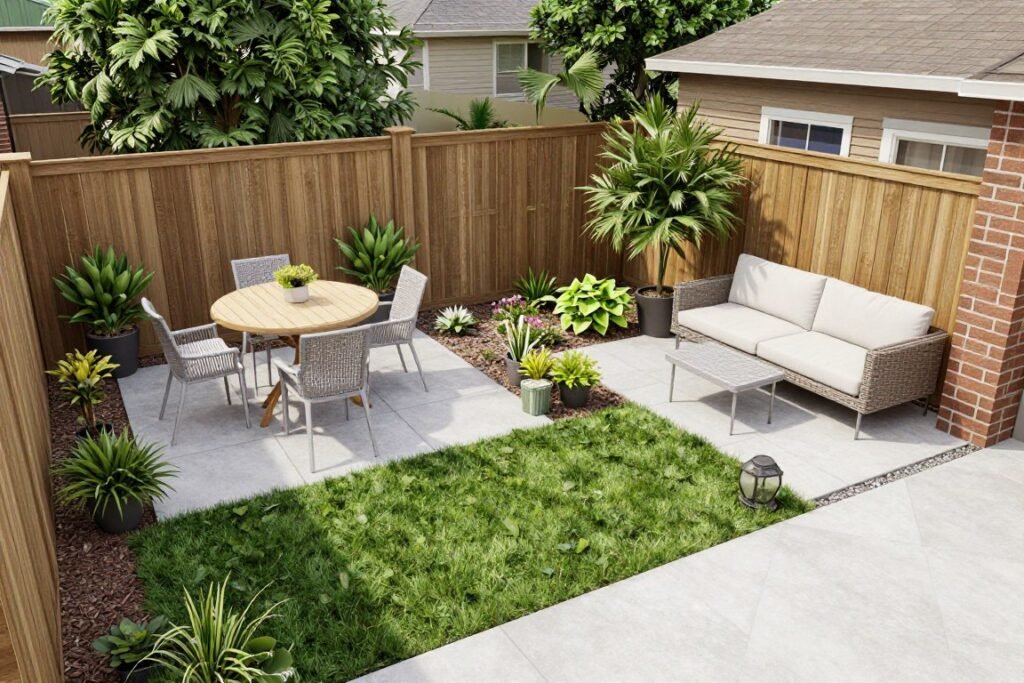 small yard divided into dining and lounging zones