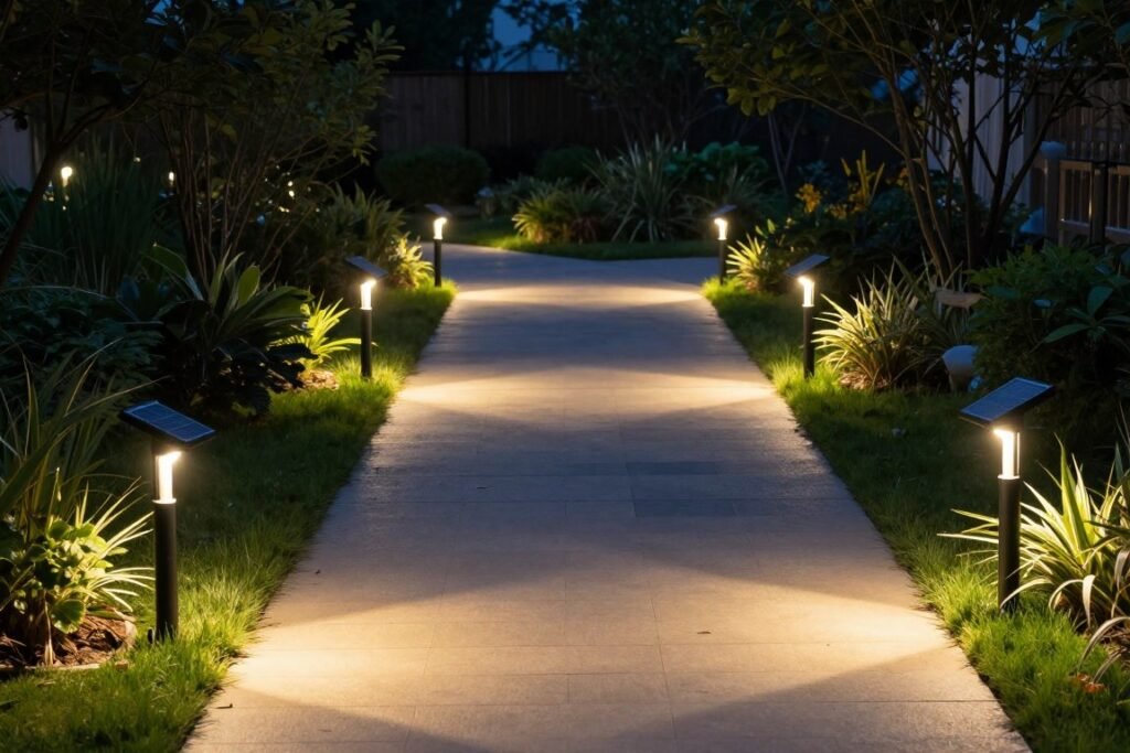 solar powered path lights along garden walkway at dusk