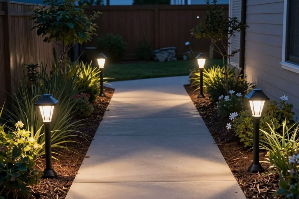 solar powered path lights along small backyard walkway