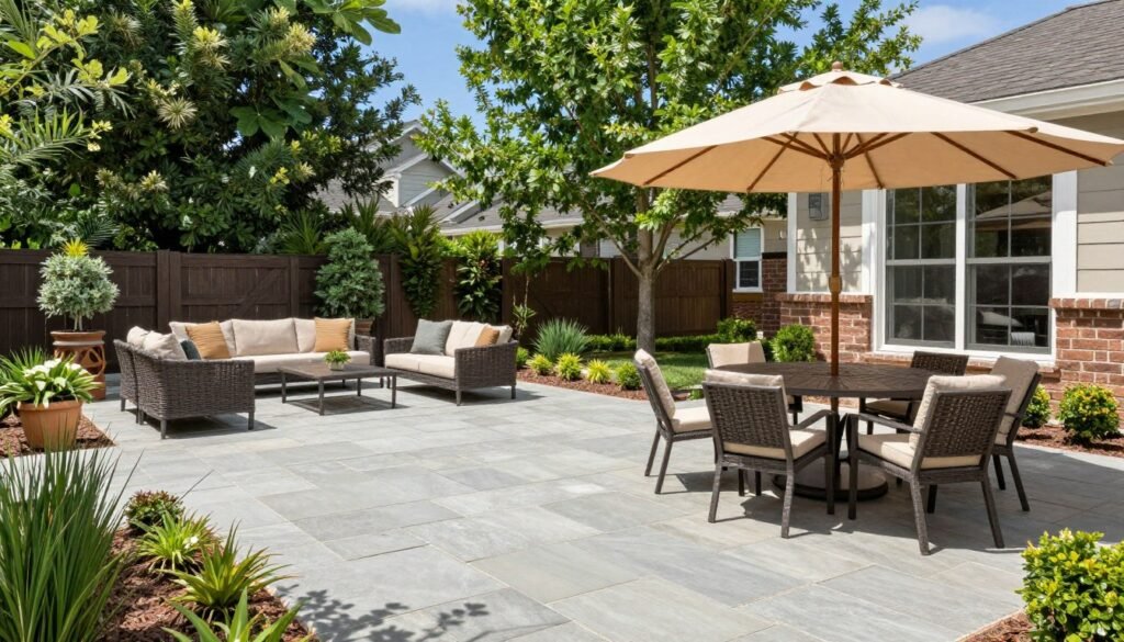 spacious patio with outdoor furniture and dining area