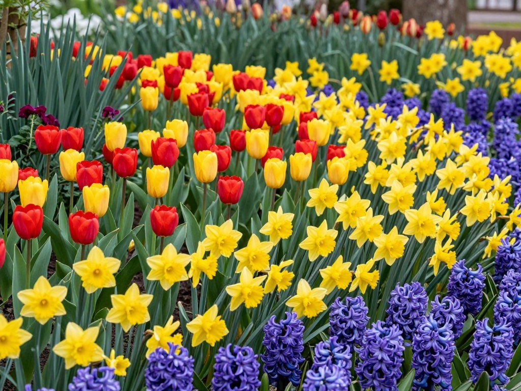 spring garden bed filled with blooming tulips, daffodils, and hyacinths