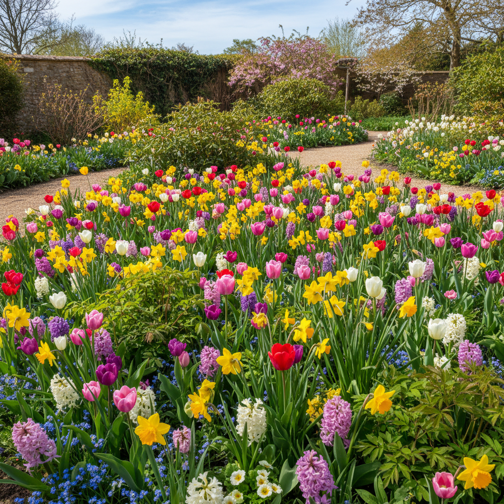 spring garden with tulips daffodils and early blooming flowers