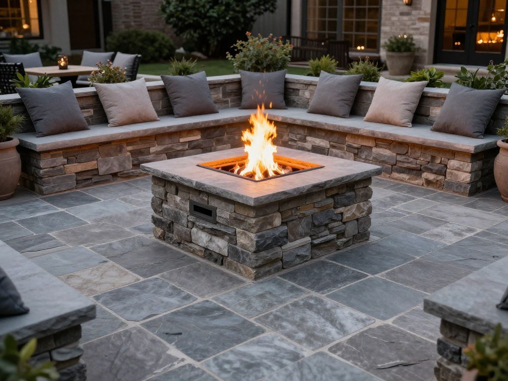 square fire pit on flagstone patio with built-in seating