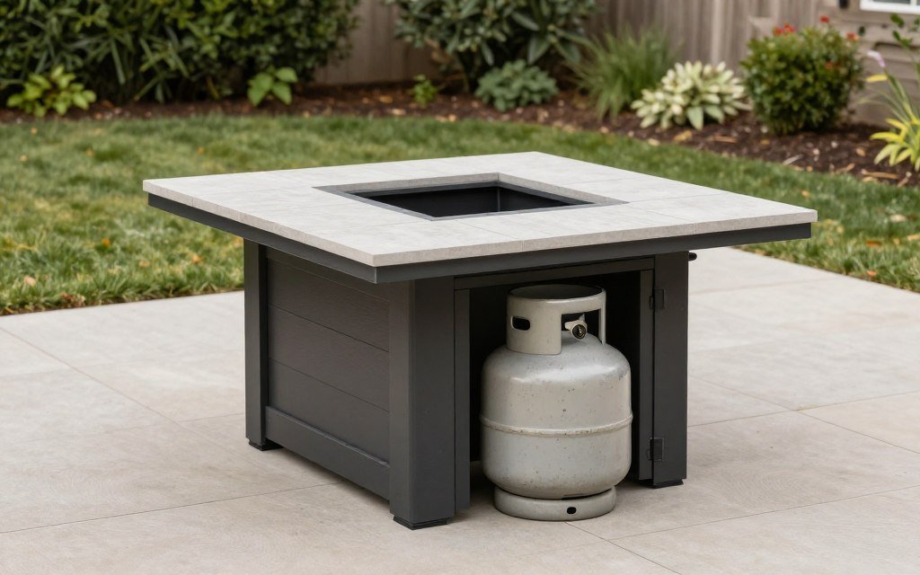 square fire pit table with built-in storage