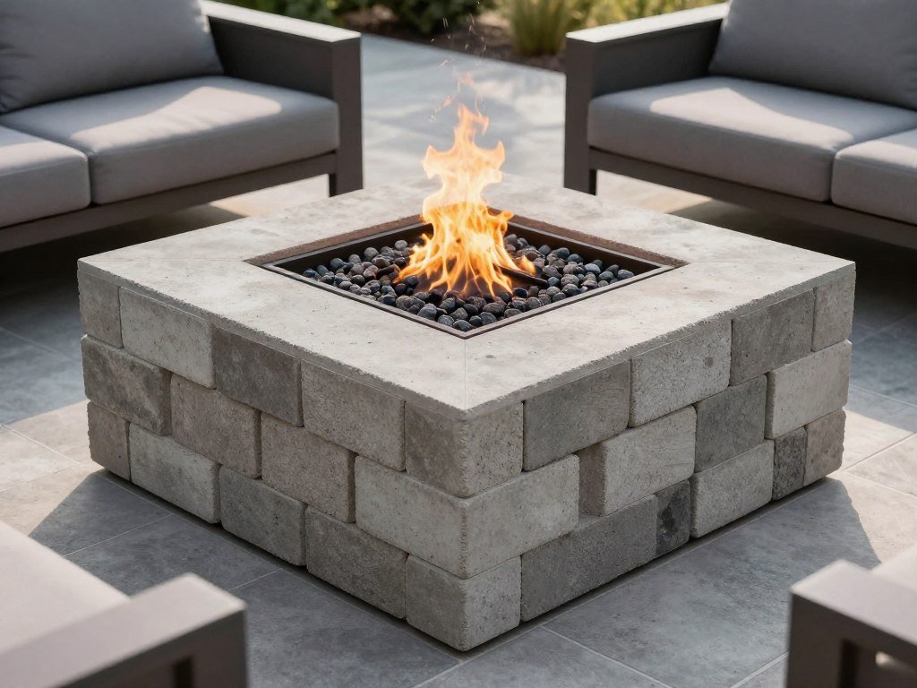 stacked concrete block fire pit with geometric pattern