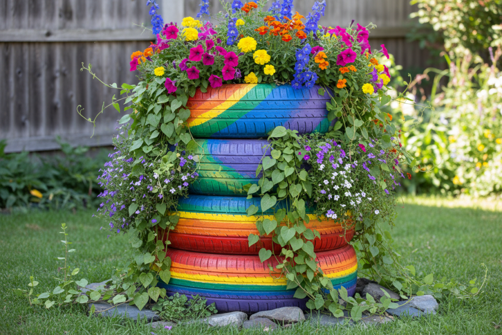 stacked painted tire planters with flowers in bright colors
