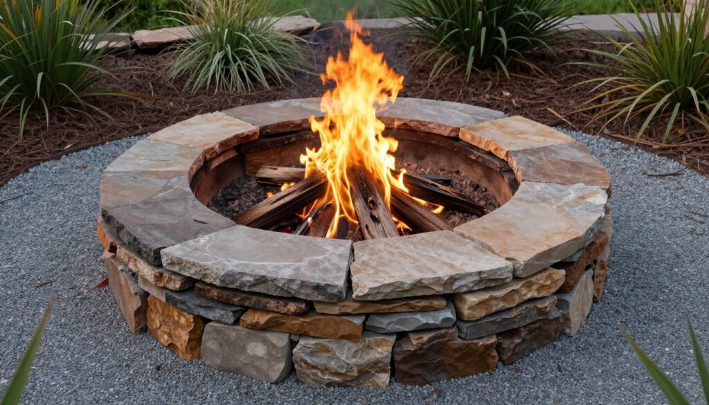 stacked stone fire pit with natural irregular shape