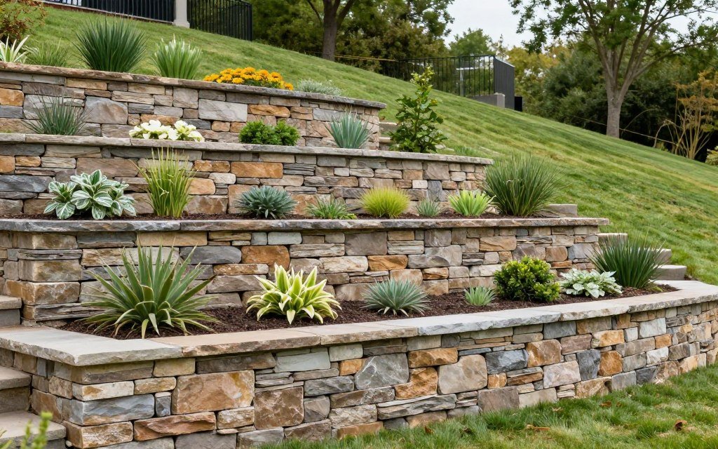 stacked stone retaining wall creating terraced garden levels