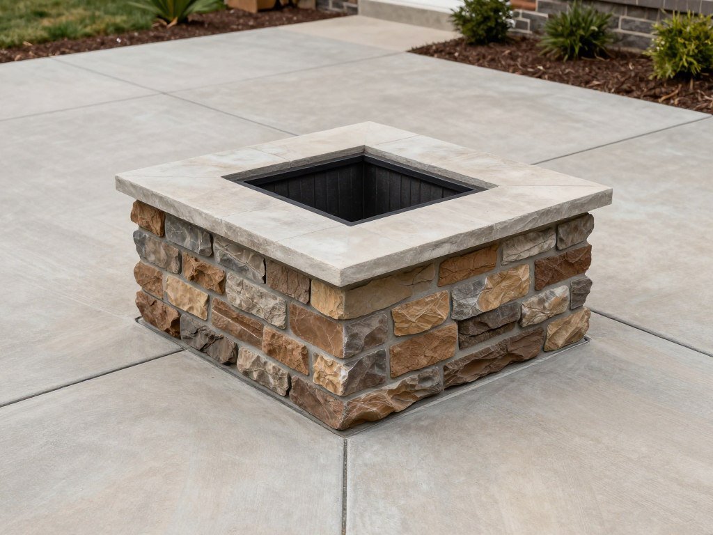 stamped concrete patio resembling stone with fire pit