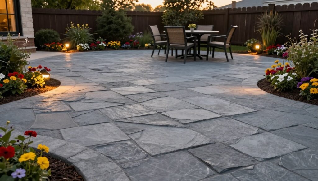 stamped concrete patio with decorative pattern