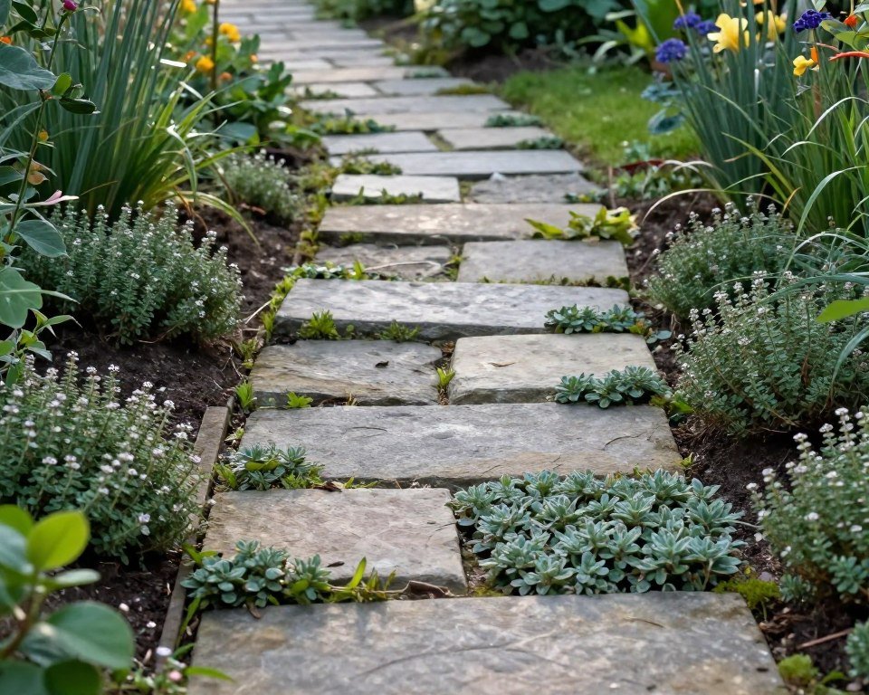stepping stone path through garden with groundcover plants between stones