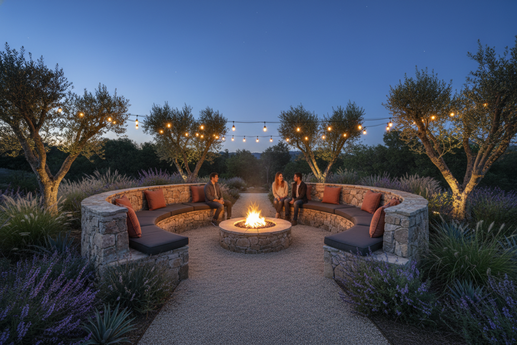 stone bench seating area around outdoor fire pit