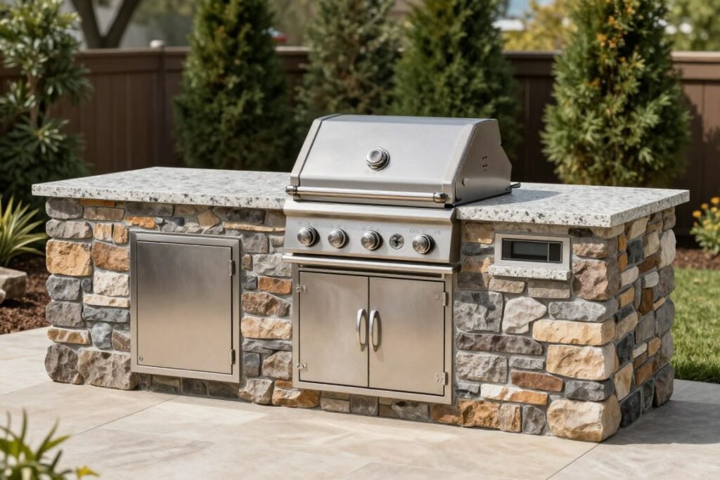 stone built-in grill with countertop workspace