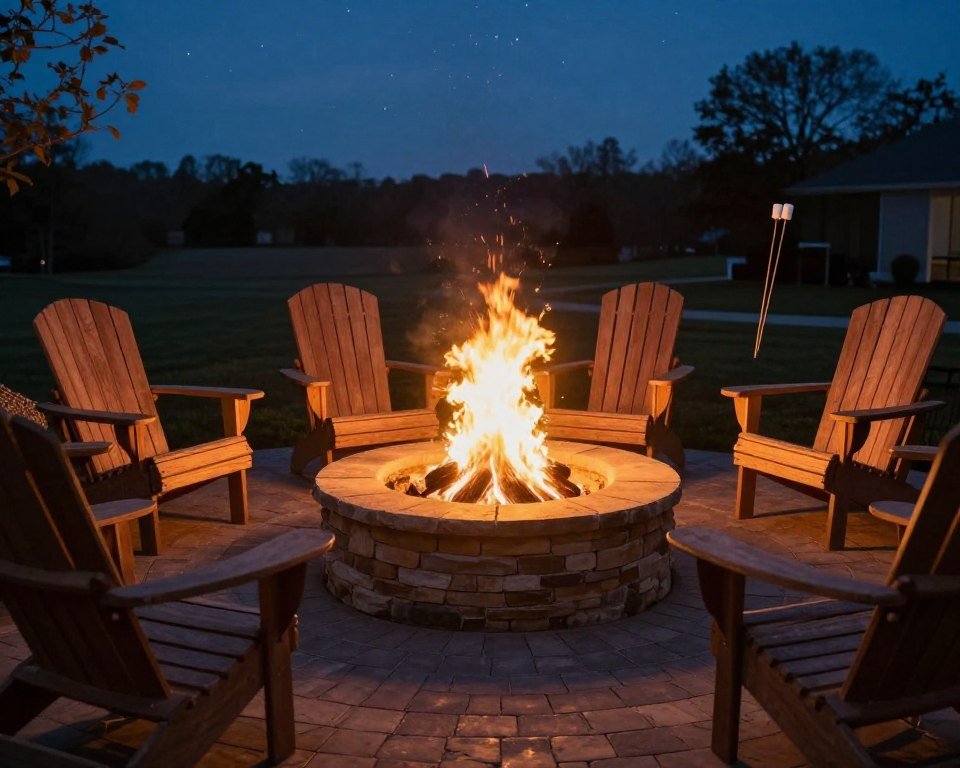 stone fire pit surrounded by Adirondack chairs on paver patio
