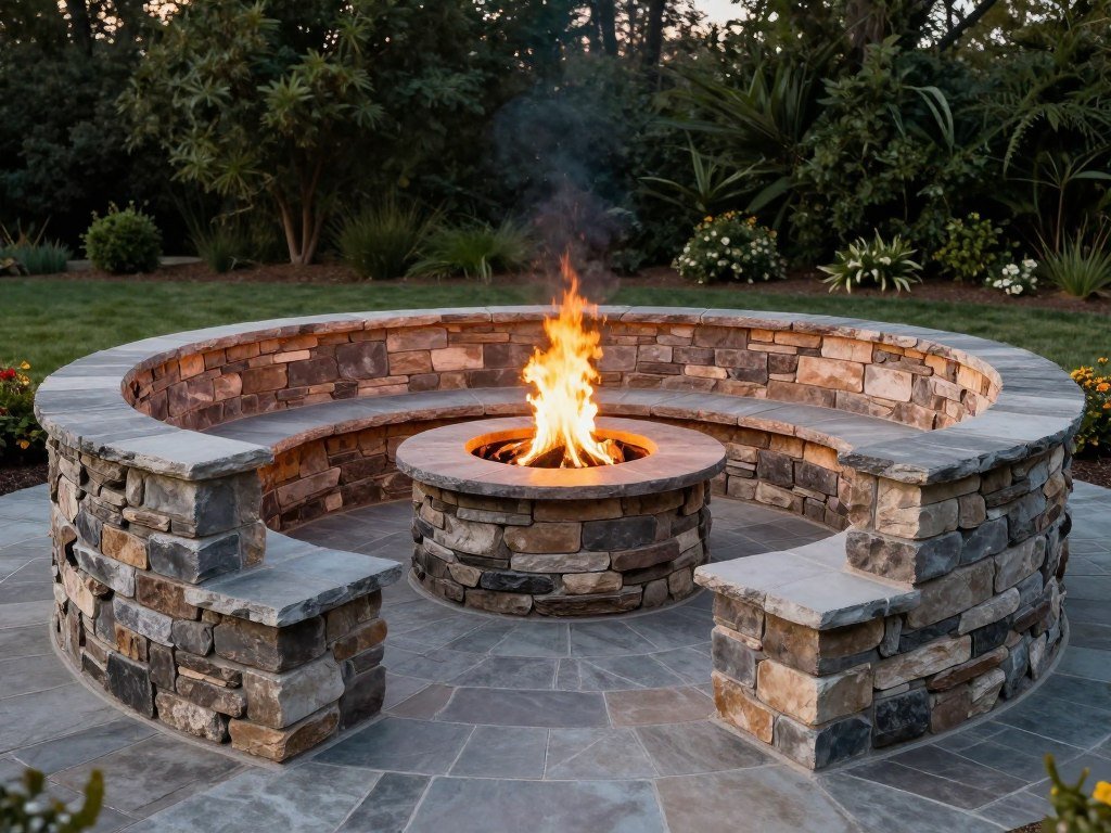 stone fire pit surrounded by natural stone seating walls in backyard lounge area