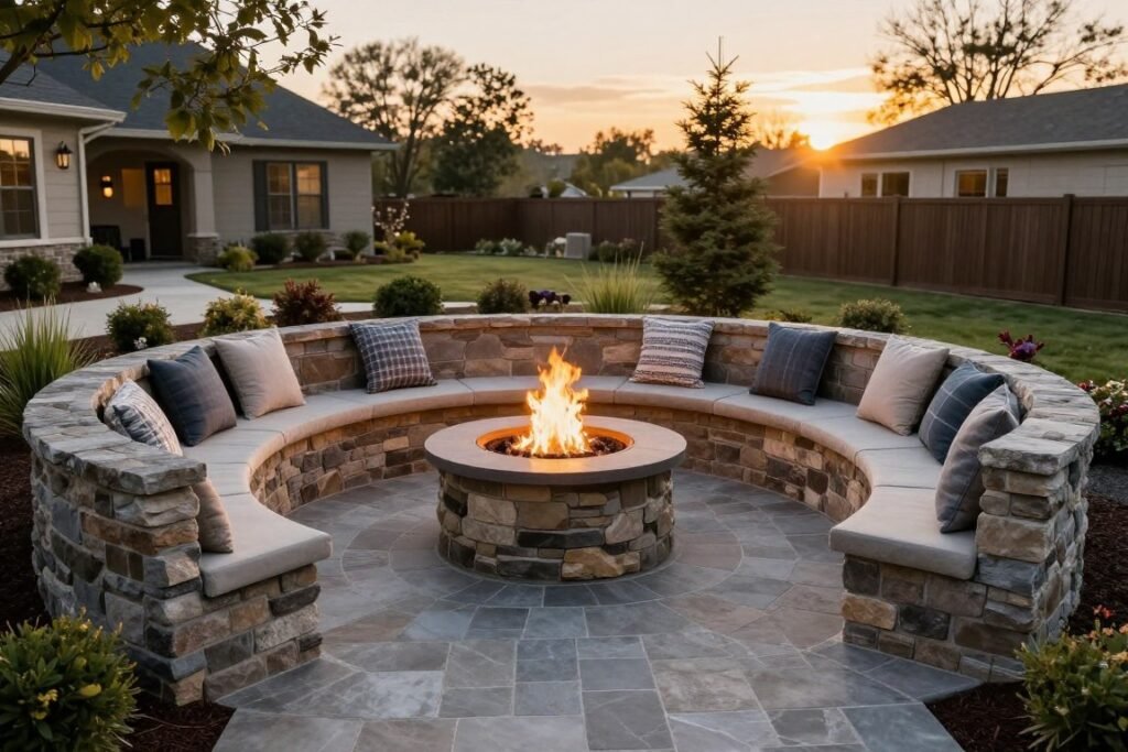 stone fire pit with integrated built-in bench seating