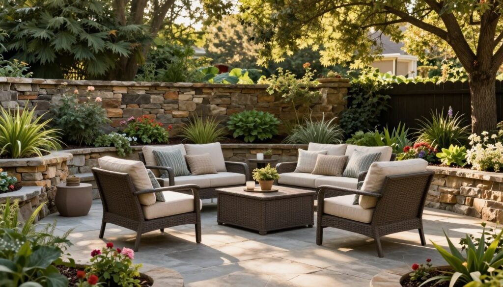 stone patio with outdoor furniture surrounded by landscaped garden areas
