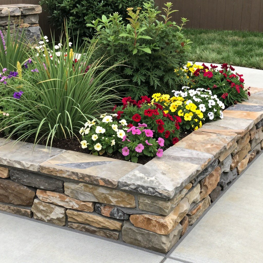 stone raised beds with flowers