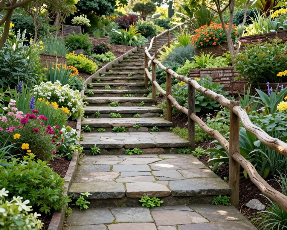 stone steps and pathways through terraced sloped backyard garden