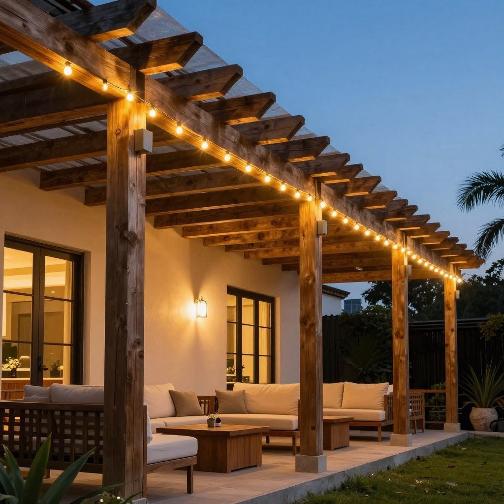 string lights along pergola beams