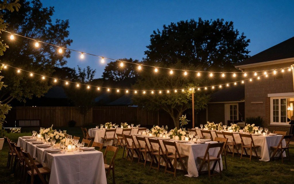 string lights and market lights in backyard wedding setup