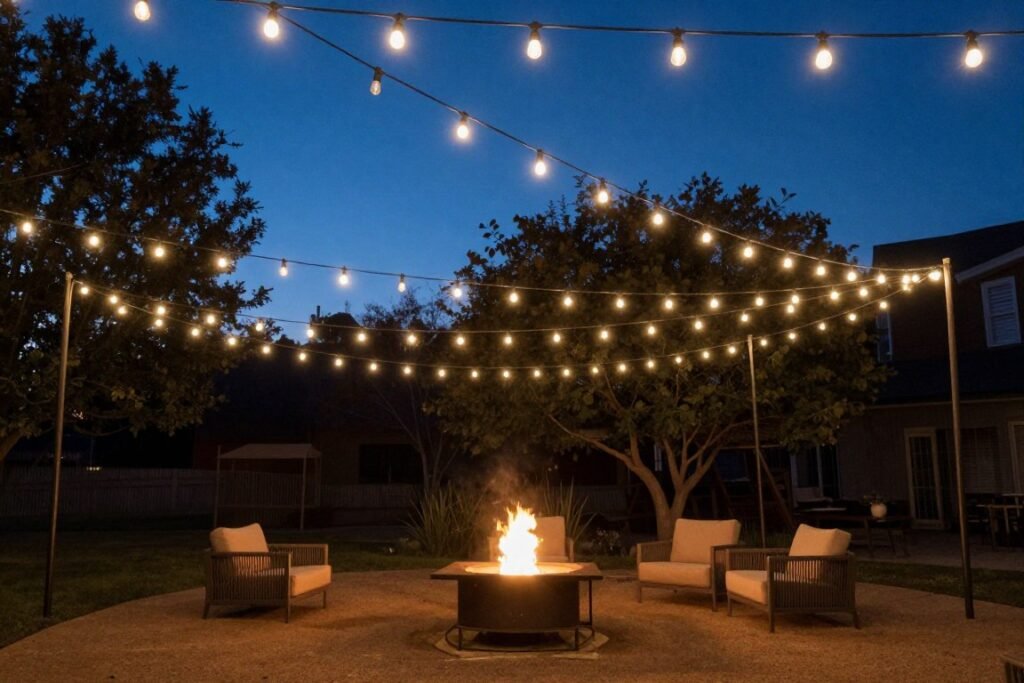 string lights creating canopy over fire pit seating area